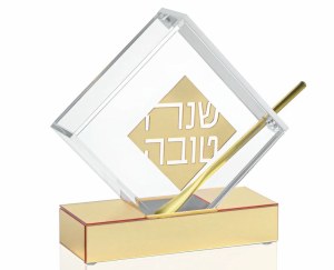 Picture of Lucite Honey Dish Diamond Shape in Base with Spoon Gold 4"